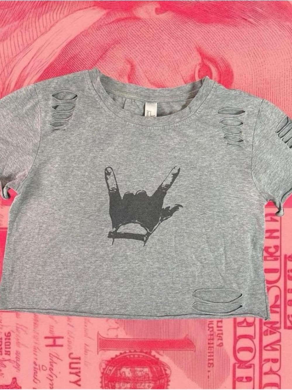 sweaty rocks y2k distressed cut out grey rock on hand graphic short sleeve tee